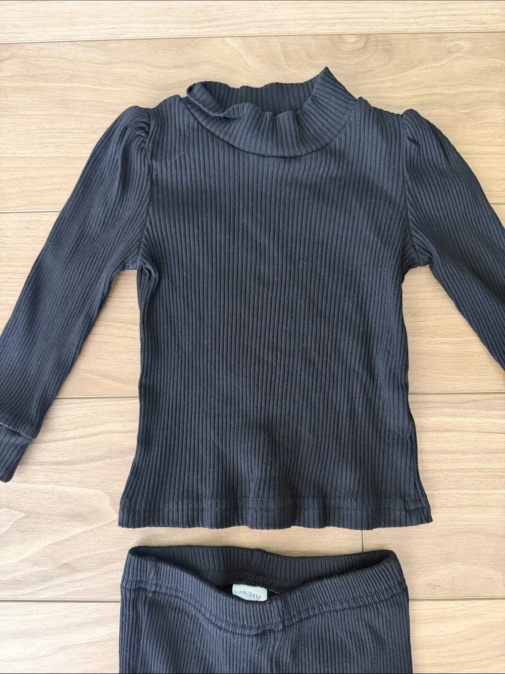 Kids Black Ribbed Top and Lace-Trim Flare Pants Set